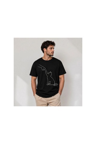 Butik İstanbul Erkek Minimal Kedi Çizim Baskılı Tişört Kısa Kol Yazlık T-shirt - Siyah
