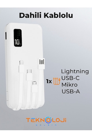 10.000 Mah Powerbank Elfenerli Dijital Led Gösterge Kendinden Kablolu Taşınabilir Şarj Aleti 4 Çıkış BEYAZ