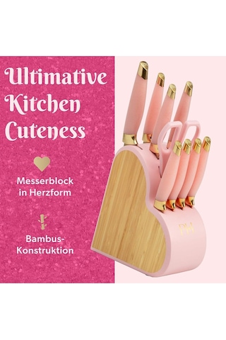 10 Parçalı Bıçak Seti, Paslanmaz Çelik, Bambu Bloklu, Pembe Renkli Çok Renkli
