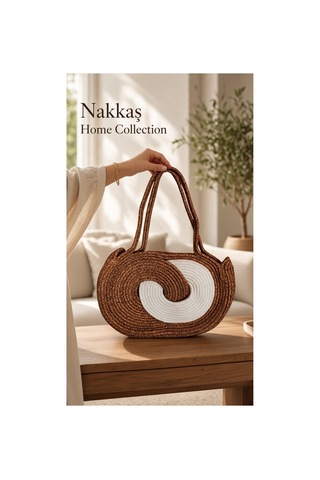 Nakkaş Home Collection Jüt Çanta Kadın Hasır Çanta, Plaj Çantası, Omuz Ve Günlük Kullanım Çantası-kahve/krem-40x28 Cm Kahve-beyaz