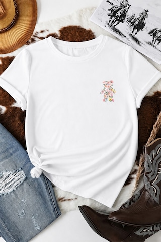 Spoyi Baharda Ayıcık Tasarımlı %100 Pamuk Yarım Oversize Beyaz T-shirt