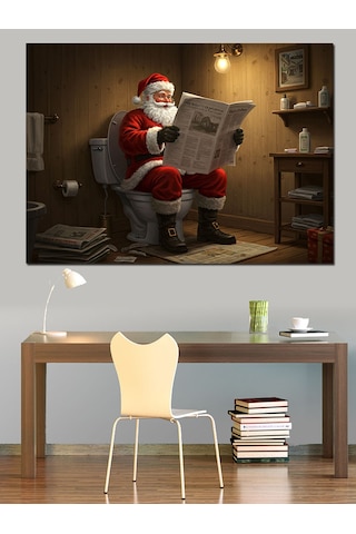 Tuvalette Gazete Okuyan Noel Baba Dekoratif Kanvas - Mdf Ahşap Tablo