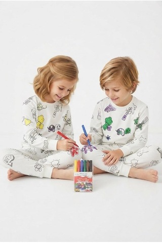 Noble Kids Çocuk Yeniden Boyanabilir Pijama Takımı Ve 6'lı Boya Kalem Seti Beyaz