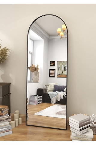 Zer 160x55 Kemerli Zemin Aynası,tam Boy Aynalı Duvar Aynası, Yatak Odası, Giyinme Odası İçin Standlı Siyah
