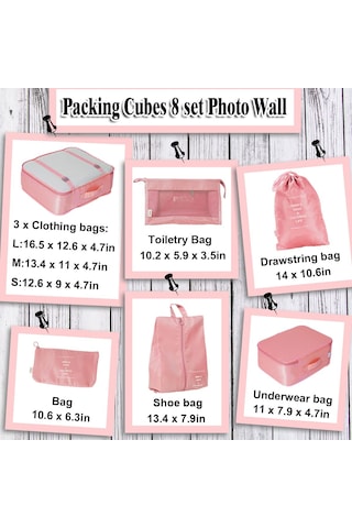 Skycity Turizm İçin 8'li Su Geçirmez Organize Seti: Elbise, Giyim, Ayakkabı Ve Kozmetik Çantaları - Pembe Pembe