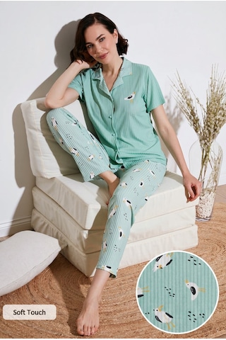 Lela Regular Fit Gömlek Yaka Kısa Kollu Bayan Pijama Takımı 65740102 Mint