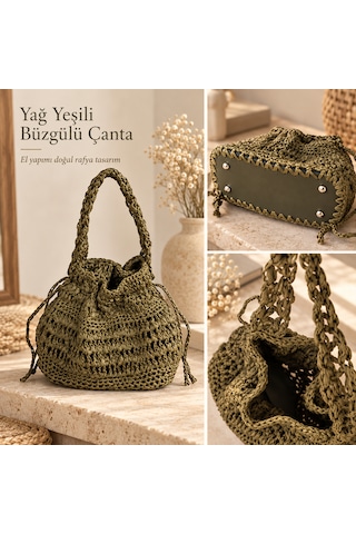Yağ Yeşili Rafya Çanta