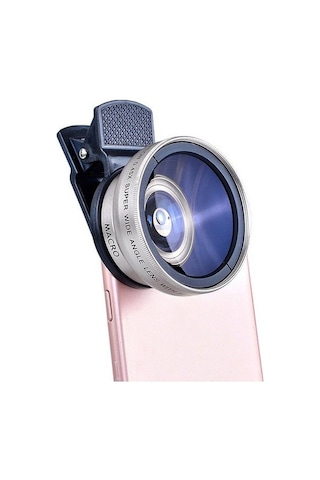 2 Si 1 Arada Klipsli Telefon Kamera Lensi 0.45x Ultra Geniş Açı 10x Makro 37mm Evrensel 49mm Uv Port Gümüş Gümüş