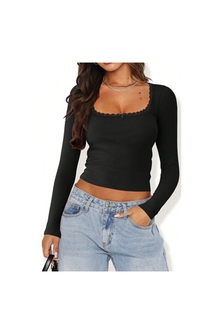 Cosmos E-ticaret Kadın Siyah Kare Yaka Dantelli Uzun Kollu Crop Top Bluz Çok Renkli