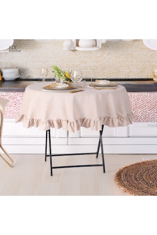 Dnc Home Tekstil Bej Keten Yuvarlak Fırfırlı Masa Örtüsü