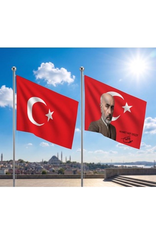 Mehmet Akif Ersoy Bayrağı Ve Alpaka Kumaş Türk Bayrağı 2'li Set 70x105cm Diğer