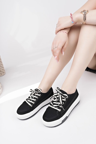 Muggo Carina Kalın Taban Bağcıklı Kadın Günlük Sneaker Spor Ayakkabı Siyah
