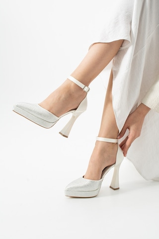 Dabab Shoes Serenya Kadın Sivri Burun 11 Cm Platform Topuklu Taşlı Bilekten Bantlı Abiye Ayakkabı Ekru