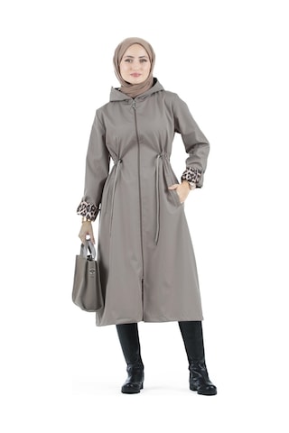 Sevitli Leopar Detaylı Trençkot-füme-2958-füme Füme