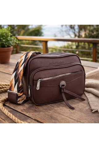 Dukidaso Kahverengi Etnik Desenli Geniş Askılı Kadın Omuz Çantası Kahverengi T8374 Kahve