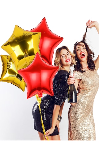 4'lü Yılbaşı Gold Kırmızı Yıldız Folyo Balon Seti Yeni Yıl Christ