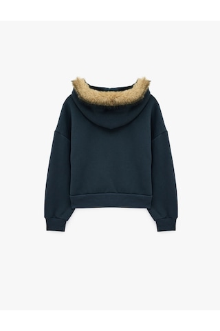 Koton Şardonlu Cepli Rahat Kalıp Uzun Kollu Fermuarlı Suni Kürk Kapüşonlu Sweatshirt Lacivert 7wal10302ık