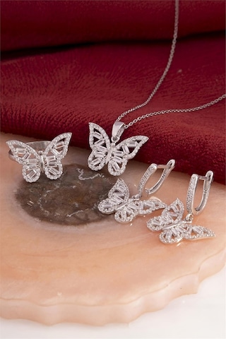 925 Ayar Gümüş Rodyumlu Zirkon Süslemeli Baget Kelebek Bayan Takı Seti