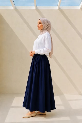 Kadın Lacivert Cepli Beli Lastikli Poplin Uzun Etek 90 Cm