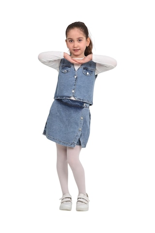 Erdem Kıds Kız Çocuk Pamuklu Jean Denim Düğmeli Kot Yelek Mavi Mavi