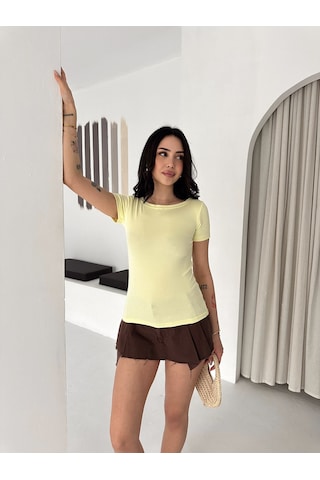 Elaxi Kadın Kısa Kollu Kayık Yaka Buzy Kumaş Tişört Sarı