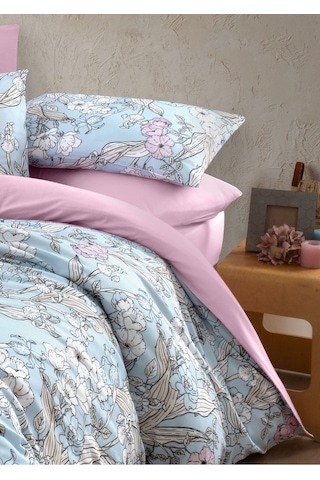 Mystory Home Lastikli Çarşaflı Çift Kişilik Nevresim Takımı Fiore Mavi Pembe