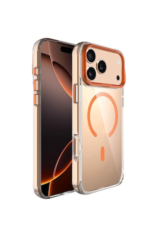 Apple Uyumlu iPhone 17 Pro Kılıf M-safe Şarj Özellikli Airbagli Kamera Standlı Zore Azor Kapak - Turuncu Turuncu