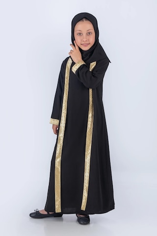 Eşarplı Ferace Medine İpek Kumaş Kız Çocuk Siyah