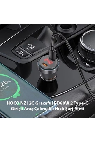 Hoco Nz12c Graceful Pd60w 2 Type-c Girişli Araç Çakmaklı Hızlı Şarj Aleti