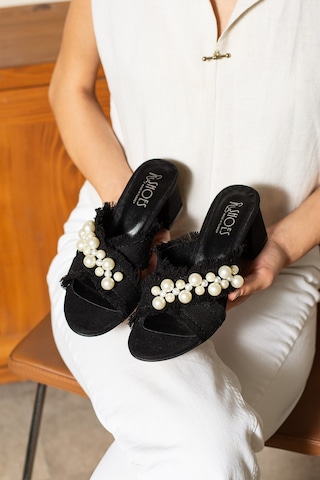 Dabab Shoes Anka Kadın Hasır Dokulu İncili Kalın Topuk Siyah Terlik Sandalet