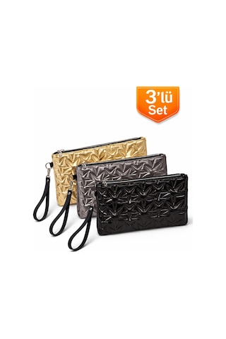 Adelina Bags 3'lü Çanta Paketi Yıldız Desenli Portföy El Çantası Bilek Askılı Clutch Çanta Gold