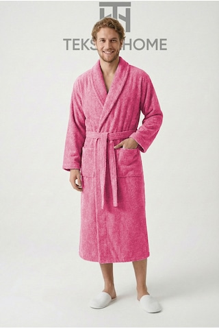 %100 Pamuklu Unisex Bornoz Şalyaka Cepli Büyük Beden 3xl 4xl Erkek Kadın Bornoz Nar Çiçeği