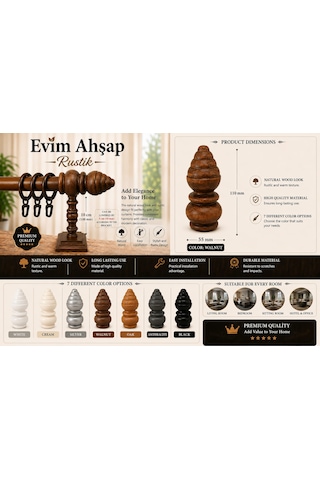 Evim Ahşap Rustik Perde Askısı Ceviz
