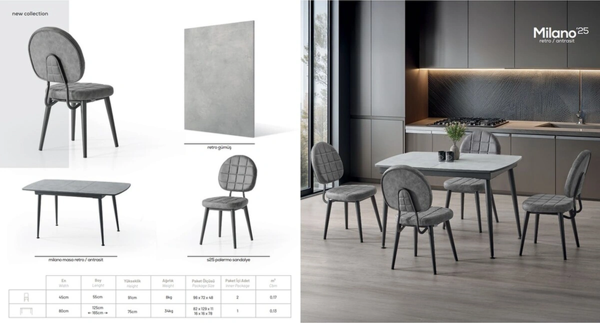 Dengema Milano 25 Açılır Masa Takımı Antrasit Gri & Siyah Ayak 80 125 165 Cm, 4 Sandalyeli Antrasit Gri - Siyah Ayak