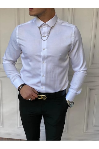 Modefendi Slim Fit Pamuk Örme Bebe Yaka Gömlek Beyaz