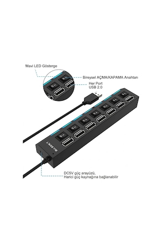 7 Port Usb Hub Çoğaltıcı - Işıklı Ve Açmakapama Anahtarlı Çoklu Usb 2.0 Adaptör Tak&çalıştır