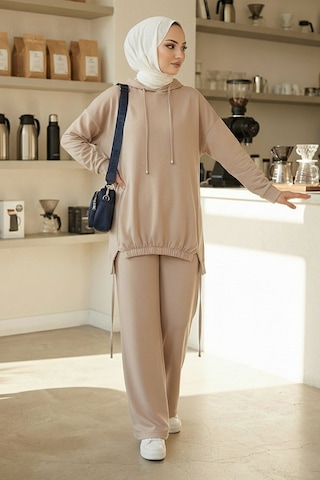 Bestenur Kapüşonlu Tunik Pantolon Takım 1682 - Vizon Vizon