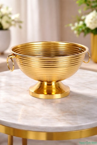 Yapay Çiçek Sitesi Metal Çizgili Küpeli Vazo 17 Cm Altın