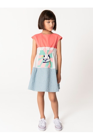 Sheshe Kısa Kollu Kareli Ve Çiçek Kız Çocuk Elbise Renkli