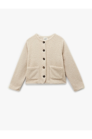 Koton Düğmeli Cepli Uzun Kollu Yuvarlak Yaka Crop Peluş Bomber Ceket Bej 6wak20260ew Ekru
