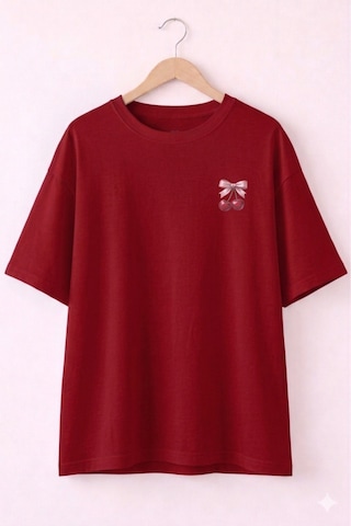 Minimal Kiraz Desenli Baskılı T-shirt Kırmızı