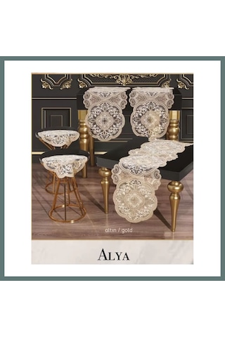Ventra Alya Model No124 Gold 5 Parça Salon Takımı Dantelli Runner Masa Örtüsü Seti Ventra