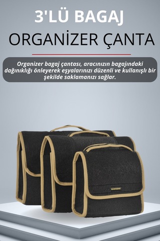 3'lü Cırtlı Keçe Kumaş Oto Bagaj Çantası Geniş Hacimli,dayanıklı,araç İçi Düzenleyici