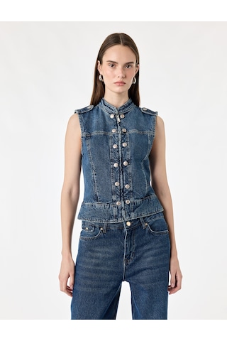 Koton Pamuklu Cepli Yuvarlak Yaka Kolsuz Denim Military Yelek Orta İndigo 7wal20008md