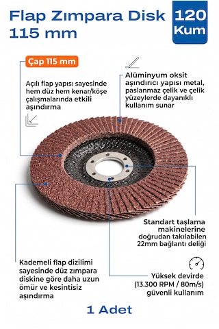 115 Mm Flap Zımpara Diski 120 Kum 1 Adet Açılı Metal Taşlama Ucu