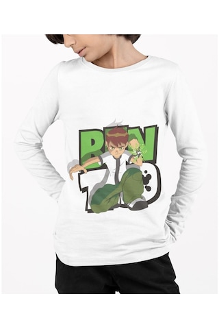 Kostüm Sarayı Benten Baskılı Uzun Kol Tişört | Ben 10 Baskılı Uzun Kol T-Shirt Beyaz