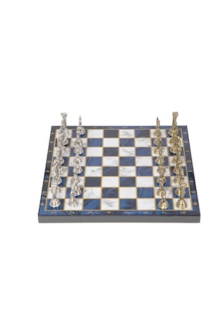 Lüks Metal Satranç Takımı Krom Kaplama Pegasus Atları & Gök Mavi Mermer Desenli Tahta 20 Cm.