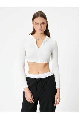Koton Crop Kapüşonlu Fermuarlı Hırka Uzun Kollu Slim Fit Ekru 5wal90001ık Ekru