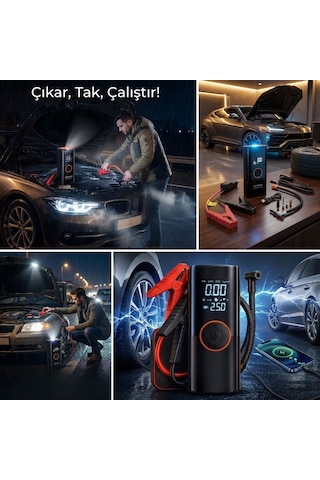 Buffer Akü Takviye Cihazı Ve Lastik Şişirme Pompası Powerbank Özellikli, Dijital Ekranlı Sos Fenerli Taşı