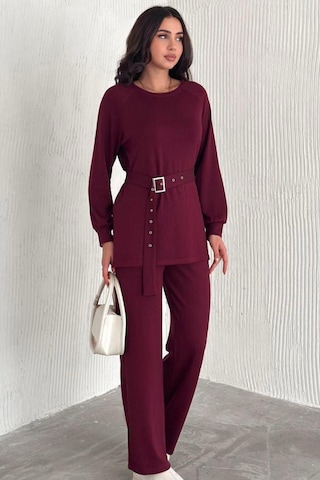 Ded Collectıon Kadın Modal Kumaş Kemer Detaylı Uzun Kollu Tunik Bol Paça Pantolon Takım Bordo